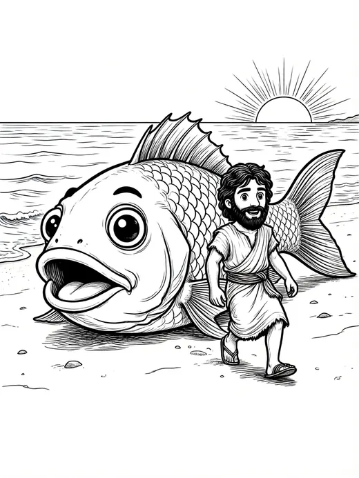 Desenho de Jonas e o grande peixe